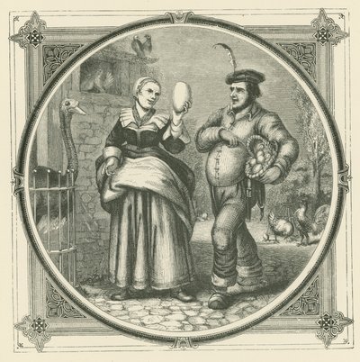 Een kip legt elke dag, maar een struisvogel slechts één keer per jaar (gravure) door John Leighton