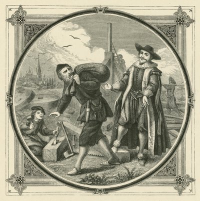 Een hele molen om een schepje graan te malen (gravure) door John Leighton