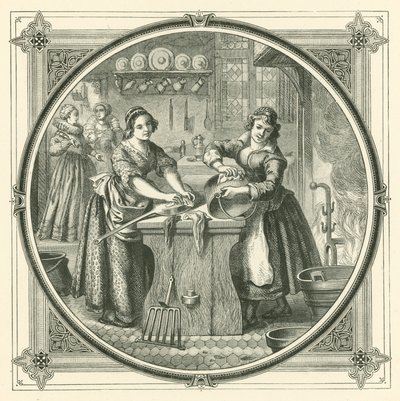 Wanneer slordige bedienden netjes worden, poetsen ze de bodems van de pannen (gravure) door John Leighton