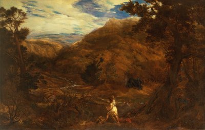 Een uitgestrekt bergachtig bebost landschap met David en de leeuw door John Linnell