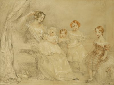 Portret van Mevrouw W.S. Fry en haar Vier Kinderen: Emma, Willy, Julie en Georgina, Zittend in een Interieur, 1840 door John Linnell