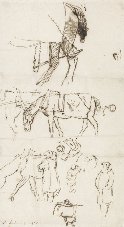 Studies van paarden, mannen en koetsen, 1811 door John Linnell