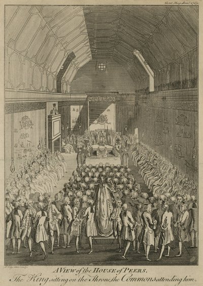 Een uitzicht op het Hogerhuis met de koning op de troon, de Commons die hem bijwonen door John Lodge