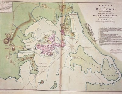 Plan van Boston en omgeving met de positie van de Britse en Amerikaanse rebellenkrachten, getekend oktober 1775, gedrukt in 