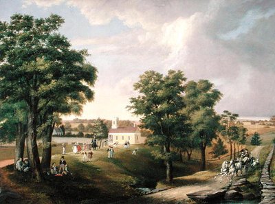 Uitzicht op het schoolgebouw in Greens Farms door John Ludlow Morton