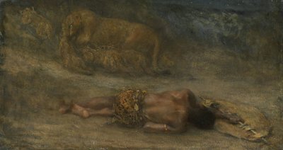 Een leeuwin met haar welpen bij een dode zwarte man, genaamd 