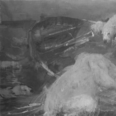 IJsberen beklimmen een ronddrijvende sloep door John Macallan Swan