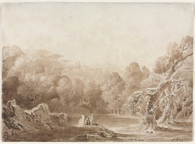 Een man die harp speelt met andere figuren naast een meer, 1820 door John Martin