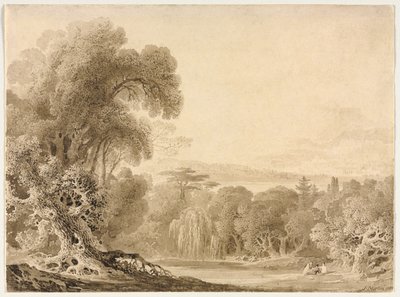 Figuren Zittend bij een Meer in een Bebost Landschap door John Martin