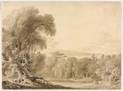 Figuren zittend bij een meer in een bebost landschap, 1820 door John Martin