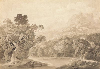 Bosrijke rivierbank, heuvelstad en bergtoppen in de verte door John Martin