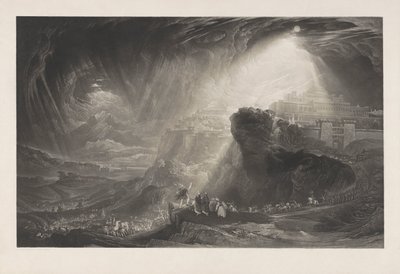 Josua beveelt de zon om stil te staan, proefdruk vóór de tekst door John Martin