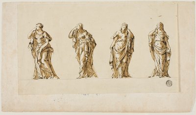 Ontwerp voor een grafmonument: Vier gedrapeerde rouwende vrouwenfiguren door John Michael Rysbrack