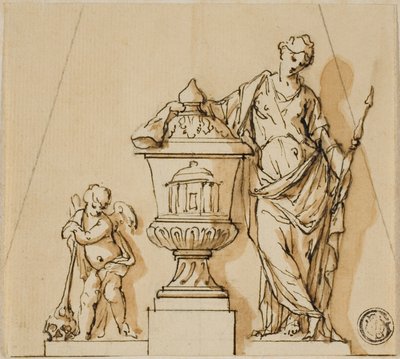 Ontwerp voor een Grafmonument met Lot, Putto en Urn door John Michael Rysbrack