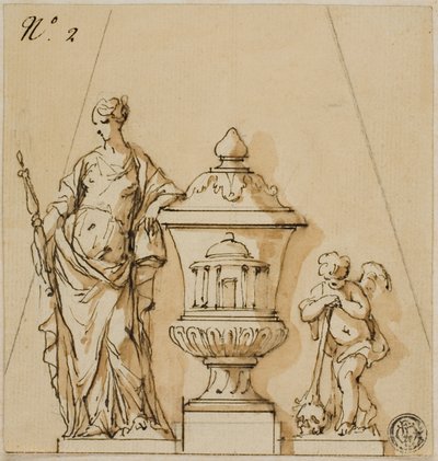 Ontwerp voor een grafmonument met lot, urn, putto door John Michael Rysbrack