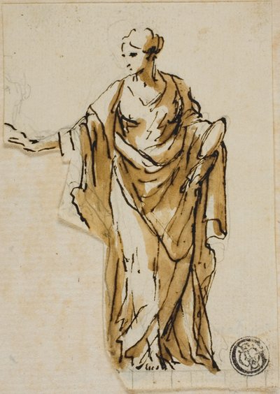 Staande vrouwelijke figuur met opgeheven rechterhand door John Michael Rysbrack