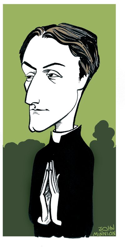 Gerard Manley Hopkins karikatuur, Engels dichter, rooms-katholiek bekeerling en jezuïtisch priester: 28 juli 1844 - 8 juni 1889 door John Minnion