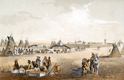 Fort Union, en distributie van goederen aan de Assiniboins, uitgegeven 1860 door John Mix Stanley