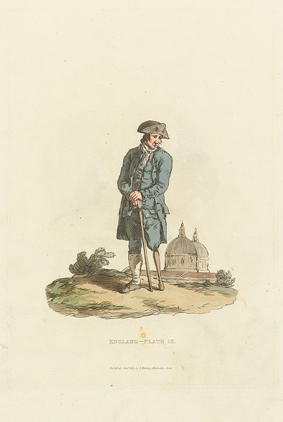 Engeland - Plaat 12. Een Greenwich-pensioengerechtigde met houten been leunend op een stok door John Murray