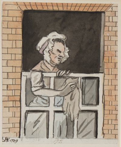 Dienstmeid die een raam schoonmaakt, 1789 door John Nixon