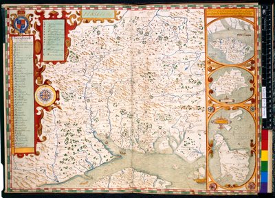 Beschrijving van Southampton, Hampshire door J. Norden, met kaart: 1595 (gekleurde gravure) door John Norden