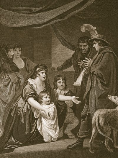 Lady Elizabeth Grey smeekt Edward IV om haar kinderen te beschermen, gegraveerd door W. Bromley, illustratie uit David Hume