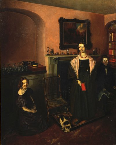 Bij de Haard in het Familiehuis met drie Familieleden, 1830-35 door John Petherick
