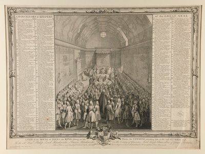 Een uitzicht op het Huis van de Heren, de koning zittend op zijn troon, de Gemeenten die hem bijwonen aan het einde van de zitting 1741/2 door John Pine