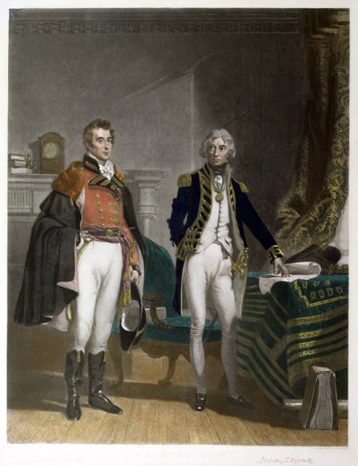 Een ontmoeting tussen Generaal-Majoor Sir Arthur Wellesley en Vice-Admiraal Horatio Nelson, September 1805, gegraveerd door Samuel William Reynolds, uitgegeven door A.J. Isaacs door John Prescott (after) Knight