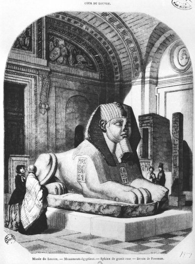 De Roze Granieten Sfinx in de Egyptische zalen in het Louvre Museum, illustratie uit 