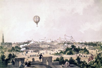 Een heteluchtballon boven Fancy Fair, Princess Park, Liverpool, augustus 1849 door John R. Isaac