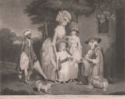 Een dame en haar kinderen helpen een dorpsbewoonster door John Raphael Smith