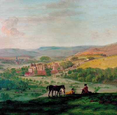 Een 18e-eeuws uitzicht op Haddon Hall met het dorp Bakewell op de achtergrond door John Raphael Smith