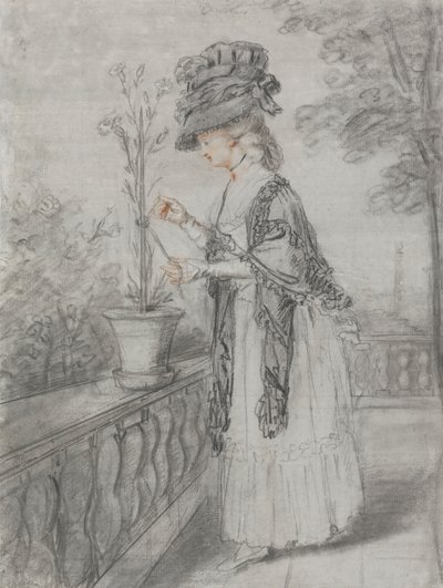 Dame op een Terras die een Anjerplant Verzorgt door John Raphael Smith
