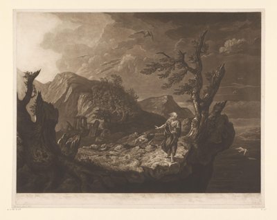 Stormachtig landschap met bard aan de rand van een klif door John Raphael Smith