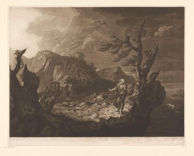 Stormachtig landschap met bard aan de rand van een klif door John Raphael Smith