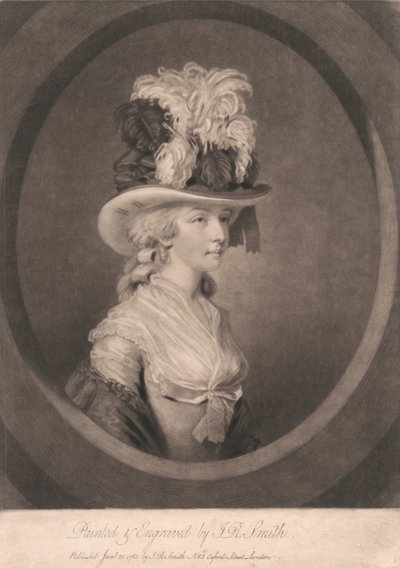 Jonge dame met een hoed met veren door John Raphael Smith