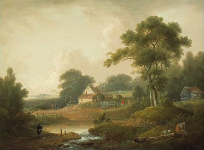 Landschap met visser en wasvrouw door John Rathbone