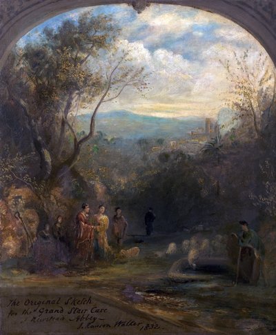 Het originele schets voor de grote trap in Newstead Abbey, Nottinghamshire, 1832 door John Rawson Walker