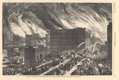 Chicago in vlammen - de vlucht voor het leven over de Randolph Street Bridge, illustratie uit Harper