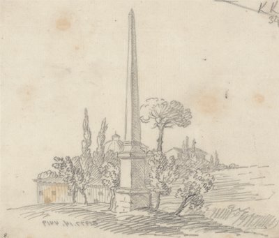 Een Obelisk met Daken en Bomen in de Verte door John Robert Cozens