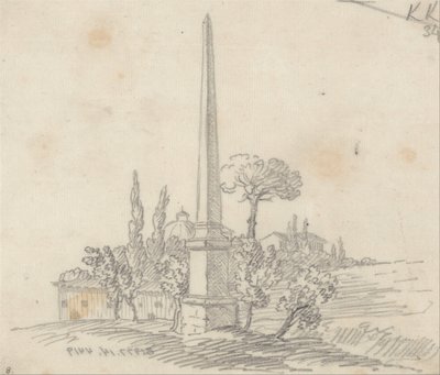Een Obelisk met daken en bomen in de verte door John Robert Cozens