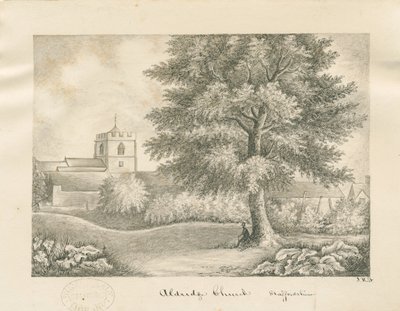 Aldridge Kerk: pen- en was tekening, 19e eeuw door John Robert Fernyhough