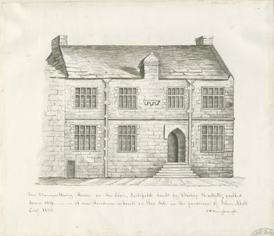 Lichfield - Banketzaal in The Close: sepia was tekening, nd [begin 19e eeuw] door John Robert Fernyhough