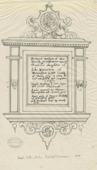 Rugeley Kerk (Oud) - Monument voor Richard Weston: pen en inkt tracing door John Robert Fernyhough