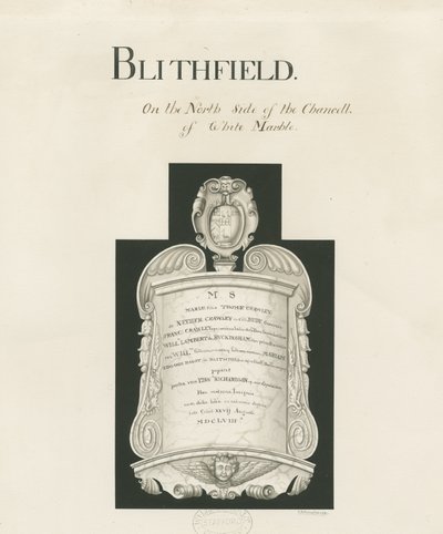 Tablet in Blithfield Kerk - Mary Crawley: sepia wash tekening door John Robert Fernyhough