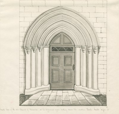 Uttoxeter Kerk - Zuiddeur: pen en wassing tekening, nd [?midden 19e eeuw] door John Robert Fernyhough