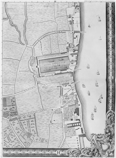 Een kaart van de Lower Rotherhithe Docks, Londen, 1746 door John Rocque