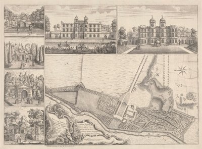Een plan van de tuinen en uitzicht op de gebouwen van de Eerwaarde Henry Pelham, Esquire in Echa in het graafschap Surrey door John Rocque