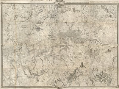 Een 18e-eeuwse kaart van Londen. Een exacte kaart van de steden Londen, Westminster, het district Southwark en het land binnen tien mijl eromheen begonnen in 1741 en geëindigd in 1745 / door John Rocque landmeter & (gegraveerd) door Richard Parr. door John Rocque